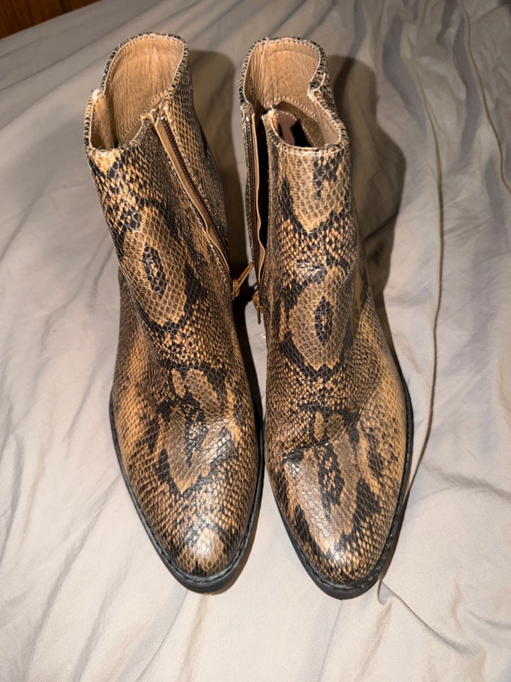 Very G Tan and Black Snake Print Ankle Booties